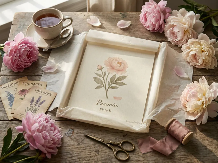 Paeonia botanical print, Plate II, peony study